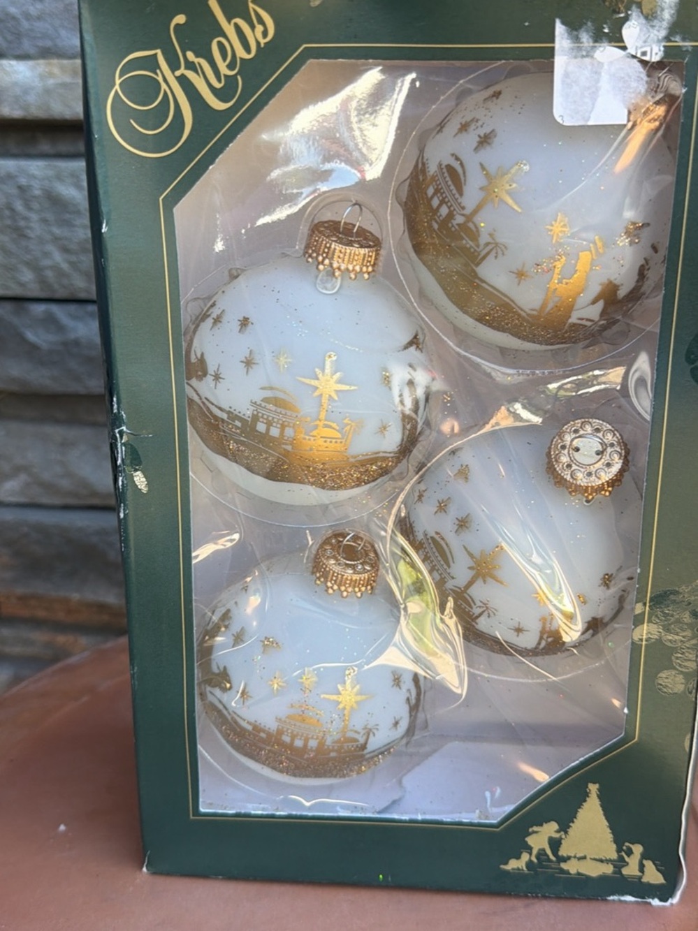 Vtg Krebs White and Gold Nativity Glass Ornament Set of 4